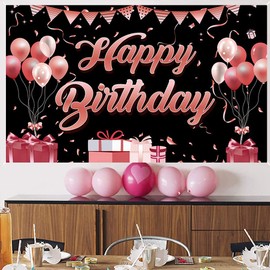 Happy Birthday Party Decoration Backdrop Large Black and Rose Gold Happy Birthday Background for Kids Women Girls Birthday Party Supplies