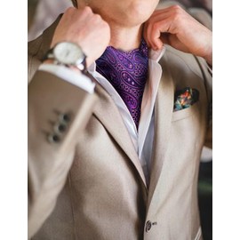 Barry.Wang Ascot for Men Purple Fuchsia Cravat Tie Paisley Silk Scarf Self Necktie Handkerchief Cufflinks Set Formal Wedding Party Prom