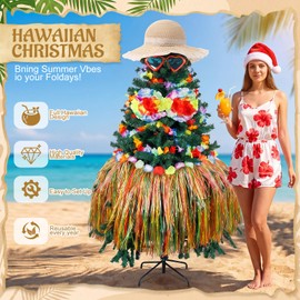 Suncalla 5 Pcs Christmas in July Tree Decorations, Hawaiian Luau Christmas Tree Decoration Kit with Straw Beach Hat Floral Bikini Grass Trees Skirt & Heart Sunglasses Tropical Summer Party Decor