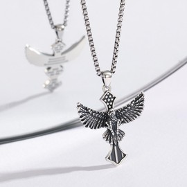 CRWENG Eagle Necklace for Men 925 Sterling Silver American Flag Cross Necklace American Engraving Eagle Cross Patriotic Pendant Independence Day Jewelry for Men Women