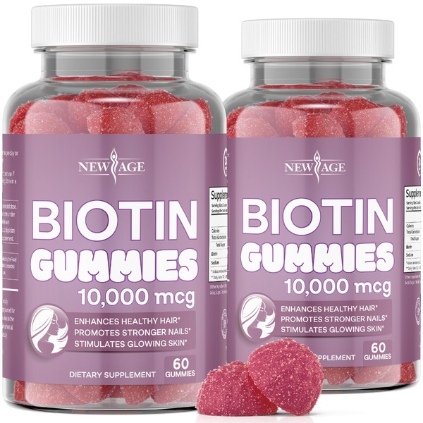 NEW AGE Biotin Gummies Skin, Hair & Nails Gummies – Supports Nail Strength and Healthy Hair - Vegetarian – Vegan – Non-GMO – Gluten-Free –Dairy-Free – Gelatin-Free -120 Count -2-Pack