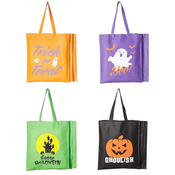 Bulk 24 Pack Deluxe Large 15" x 16" Trick or Treat Bag Fun Reusable Shopping Halloween Tote Assortment Featuring 4 Designs, Multi