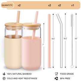 VITEVER 20 OZ Glass Cups with Bamboo Lids and Straws - Beer Can Drinking Glasses with Silicone Protective Sleeve Set, Iced Coffee Glasses, Cute Tumbler Cup for Water, Tea, Gift - Pink, Amber