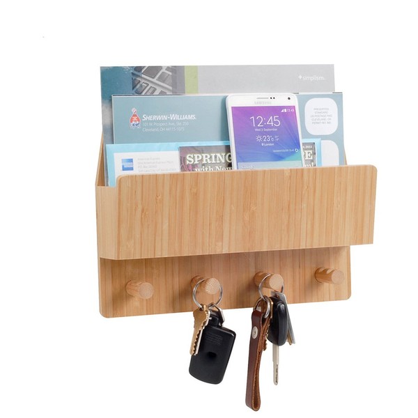 MobileVision Bamboo Mail & Letter Wall Mount Organizer with Key