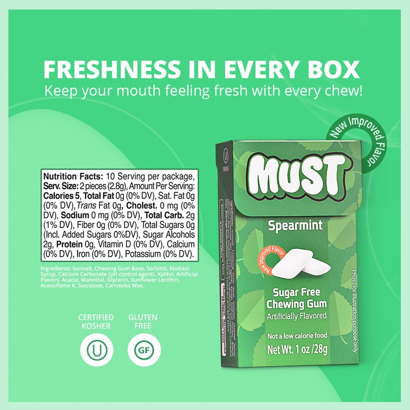 Elite Must Spearmint Sugar Free Chewing Gum, 1oz (16 Pack)