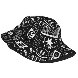 Music Rock Doodle Bucket Hat Beach Travel Fisherman Hat Packable Sun Hat Cap for Unisex Women Men
