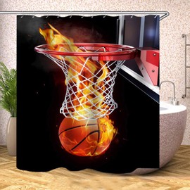 TJZ HOME Flaming Basketball Sport Shower Curtains Fabric, Modern Orange Black Polyester Cloth Print Bathroom Curtains Include Hooks Set 72〃w by 72〃L