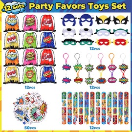98Pcs Hero Party Favors for Kids 12 Set Super Theme Hero Party Supplies Drawstring Bag Backpack with Keychains hero Mask Goodie Bag Stickers Toy Presents Gift Set Slaps Bracelets Birthday School