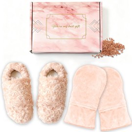 Microwavable Gloves for Arthritis & Microwavable Slippers Set, Moist Heat Therapy for Hand & Foot, Heated Mittens for Hand Therapy & Microwave Foot Warmers for Bed, Washable Covers, Pink, S/M