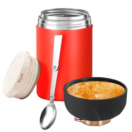 GOEDEKE Food Flask,600ml (20 oz) Food Flask Container,Stainless Steel Double Walled Soup Flask Leak Proof Food Jar Soup Containers with Foldable Spoon for Hot and Cold Meals Double Soup Flask (Red)