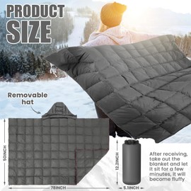 HunnmingRe Upgraded Hooded Down Camping Blanket Waterproof 650 Fill Puffy Poncho Blanket 77" x 50" Packable Wearable Sleeping Bag with Detachable Hat Outdoor Stadium Camping, 1.36 lb(Grey)