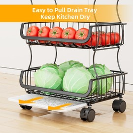Simple Trending Simple Trending 4 Tier Rolling Cart, Stackable Fruit Vegetable Basket with Wheels and 2 Hanging Basket, Kitchen Storage Metal Wire Basket Stand for Vegetable Bread Snacks, Black
