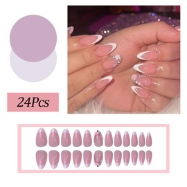 Flowers Press on Nails French Tip Fake Nails Almond Tips Nude Long False Nails Full Cover Acrylic Stick on Nails White French Tip Ballet Nails for Women Girls Daily Wear Nails Decoration 24Pcs