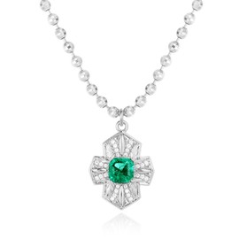 LADYGD Simulated Nano Emerald Cross Pendant Necklace for Women White Gold Plated Cubic Zirconia Diamond-cut Ball Chain Trendy Gold Jewelry