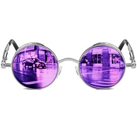 ROCKNIGHT Gothic Steampunk Polarized Sunglasses For Men Women UV Sunglasses Metal Full Frame (Silver Frame/Purple Lens)