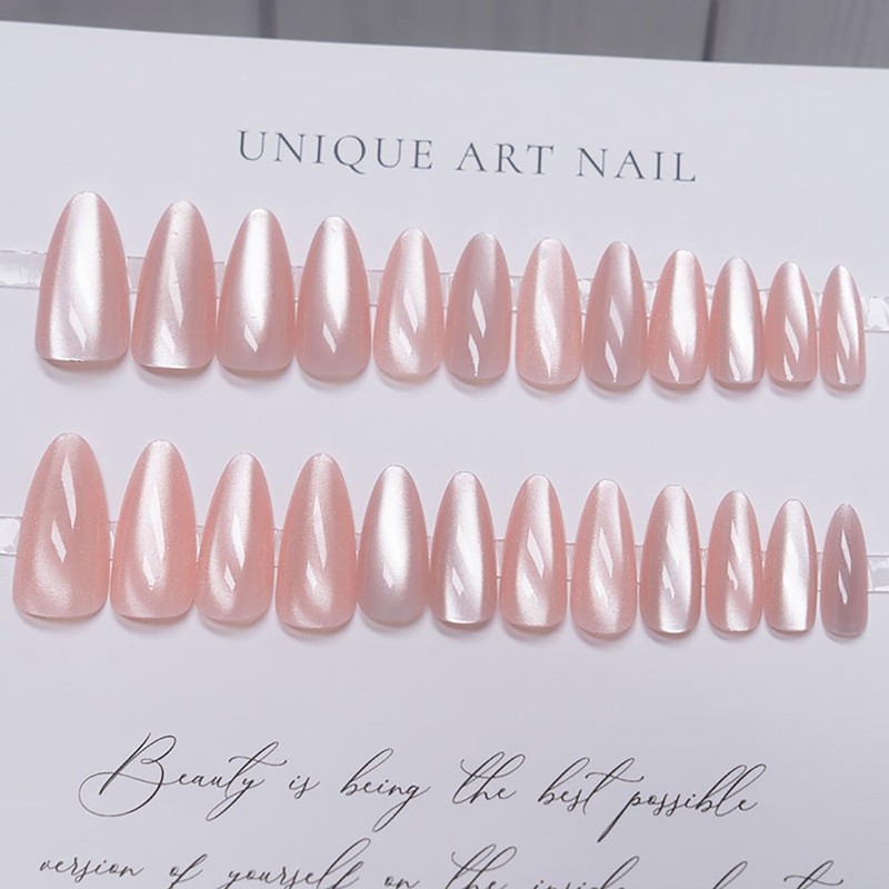 Light Pink Press on Nails Almond Fake Nails Glitter Magnetic