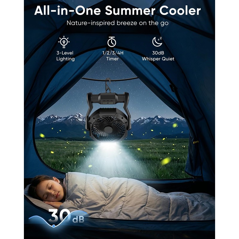 Portable Rechargeable Fan, 20000mAh Battery Powered Camping Fan with LED