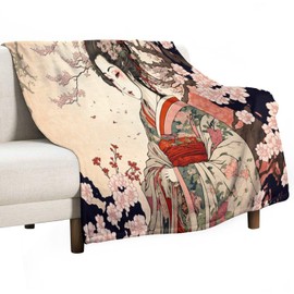 Japanese Bedding Fleece Blanket,Retro Beautiful Flower Japan Geisha Girls Cherry Blossoms Flannel Soft Warm Microplush Lightweight Thermal Throw Blankets for Sofa Bed Living Room Bedroom 60"x80"