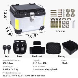 Motorcycle Top Case 45L Aluminum Motorcycle Top Trunk Tail Box Bag With Leather Lining Anti-Theft With Lock And Back Cushion Waterproof Dustproof Easy Installation With Universal Bracket Silver