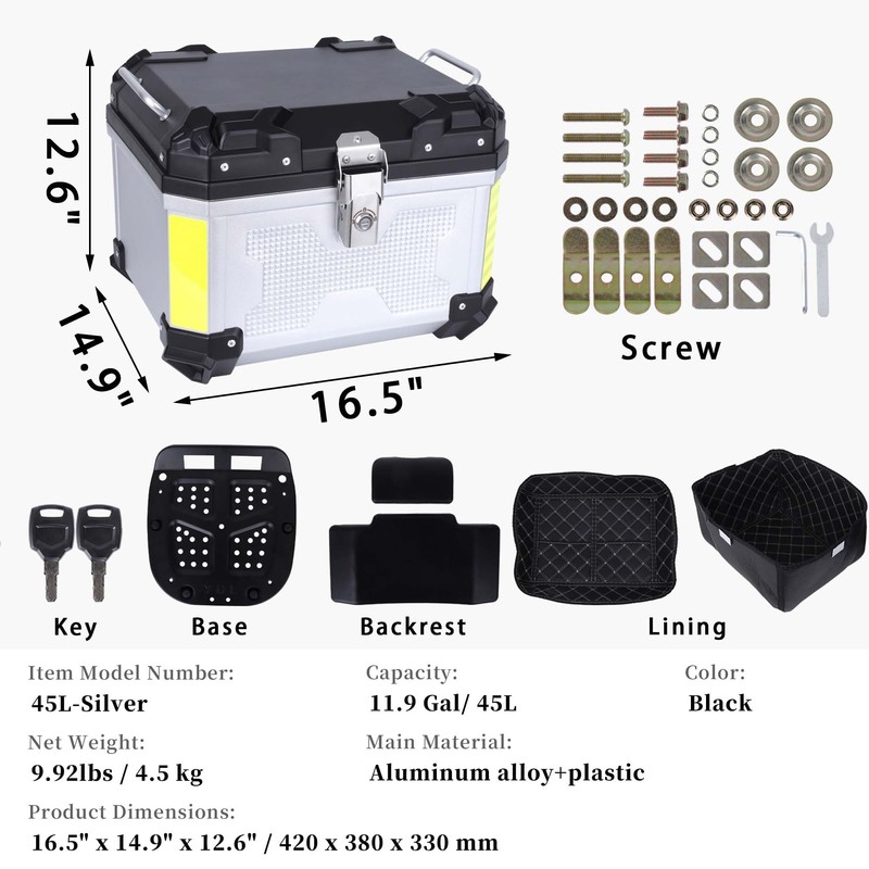 Motorcycle Top Case 45L Aluminum Motorcycle Top Trunk Tail Box