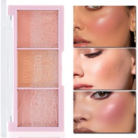 Apooliy 3 Colors Blush Palette，Blush Powder for Cheeks Makeup，Glitter Blusher with Brush，Long Wear，Highly Pigmented