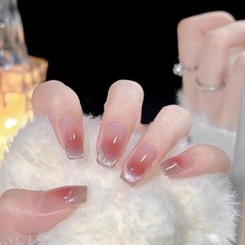 LIyun&Hang Press on Nails Medium-length 24Pcs Glossy Full Cover Artificial Fake Nails，Cheek Color French Tip Cat Eyes Flashing Design, Reusable Stick On Nails in Fake Nails (type-4)