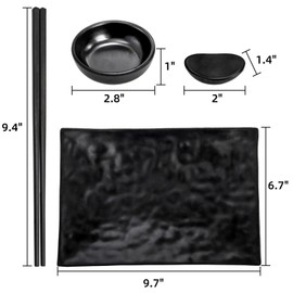 ELFULLY 16 Pcs Sushi Plate Set, Melamine Sushi Serving Dishes, Japanese Dinnerware Sets with 4 Sushi Trays, 4 Soy Sauce Bowls 4 Pairs of Chopsticks and Holders, Wedding Housewarming Gift, Black