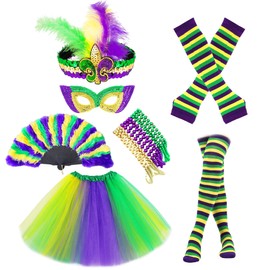 7 Pcs Women's Mardi Gras Costume Accessories Set - Festive Dress-Up Kit, Masquerade Carnival Rave Party Outfits (Set 1)