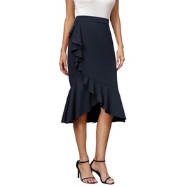 Missufe Women's High Waist Stretch Bodycon Ruffle Wrap Skirt Mermaid Formal Vintage Skirt, darkblue