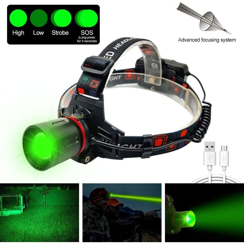 LUXNOVAQ Rechargeable Green Light Headlamp, Ultra-Bright LED Hunting Headlamp, Zoomable