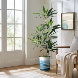 SIGNWIN Artificial Tree in Ocean Wave Pattern Planter, Fake Dracaena Tree Silk Tree for Indoor and Outdoor Home Decoration - 57" Overall Tall (Plant Pot Plus Tree)