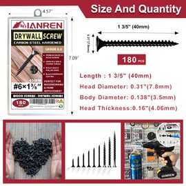 IANREN Wood Screws 180 PCS #6 x 1 3/5 Inch Drywall Screws Self-Tapping Screws Black Flat Head Phillips Drywall Screws Fine Thread Bugle Head Black Phosphate Coated (Carbon Steel, 6x1 3/5" 180 pcs)