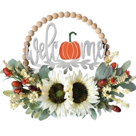 TEMPUS 16" Fall White Sunflower Wreath for Front Door Hanging Wall Decoration Thanksgiving Home Farmhouse Decor