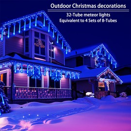 Christmas Lights Outdoors：32 Tubes(Equivalent to 4 Sets of 8-Tubes) Meteor Shower Rain Lights - Blue lcicle Christmas Lights Outdoor for Xmas Tree Wedding Party Holiday House Yard Decor, UL Plug