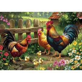 Farm Chicken Family Puzzles for Adults 1000 Pieces. Animal Flower Art Jigsaw Puzzles. Challenging Colorful Farmhouse Rooster Puzzles