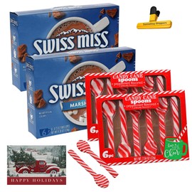 HOT COCOA MIX (SWISS MISS MARSHMALLOW) | Swiss Miss Hot Cocoa Mix with Marshmallow 12 Envelops & 12 Peppermint Candy Cane Spoons Plus Free HAPPY HOLIDAY CARD Card Tag.