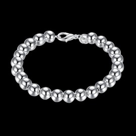Goldenchen Womens 925 Sterling Silver Plated Round Beads Bracelet Wrist Bangle;Bead Diameter (4mm .6mm.8mm.10mm) (8MM)