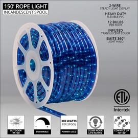 Wintergreen Lighting 150' 1800-Bulb Blue Incandescent Commercial Grade Rope Light Kit - Light Rope Outdoor, Christmas Light Rope Light Color, Includes Power Cord, 120V, ½ Inch, 2-Wire