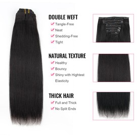 ABH AMAZINGBEAUTY HAIR Real Remy Thick Yaki Straight Clip Ins Black Hair Extensions for African American Relaxed Hair 7 Pieces 120 Gram Per Set, 20 Inch
