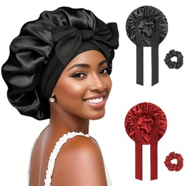 FOLAI Pack of 2 Satin Bonnet Night Sleep Hat, Adjustable Sleeping Cap, Headgear, Soft Headband, Sleep Cap, Silk with Elastic Band for Women and Girls (Black + Red)