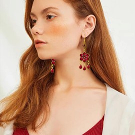 Ricarmo Bohemian Dainty Vintage Gold Crystal Teardrop Flower Lightweight Dangle Drop Earrings Retro Alloy Fringe Hook Earrings For Women Jewelry Gifts (Red)