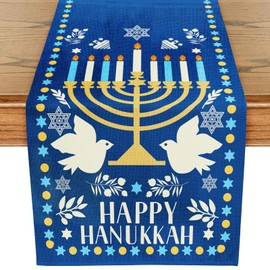 WRAPAHOLIC Hanukkah Table Runner - 13 x 72 Inch - Jewish Festival Holiday Party Kitchen Dining Home Decoration for Indoor Outdoor Home Party - Chanukah Menorah & Peace Doves