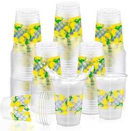 Singhoow 50 Pcs Capri Lemon Plastic Cups Bulk 16 oz Blue Tiles Yellow Lemon Party Drinking Cups Lemon Disposable Cups for Lemonade Stand Supplies Hot Cold Drinks Juices Cups Summer Party Decorations