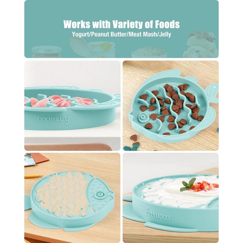 Coomazy 2-in-1 Silicone Slow Feeder Dog Cat Bowls, Lick Mat