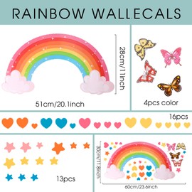1 Set Large Rainbow Wall Stickers with Butterflies Stars Hearts Rainbow Wallpaper Colorful Star Clouds Decals for Kids Removable Baby Nursery Girls Bedroom Art Decoration