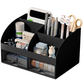 COMFYROOM Desk Organizer and Accessories with 6 Compartments and 2 Drawers, Plastic Makeup Organizer, Pen Holder for Desktop Storage, Desk Organization for School, Home, Office Supplies (Black)