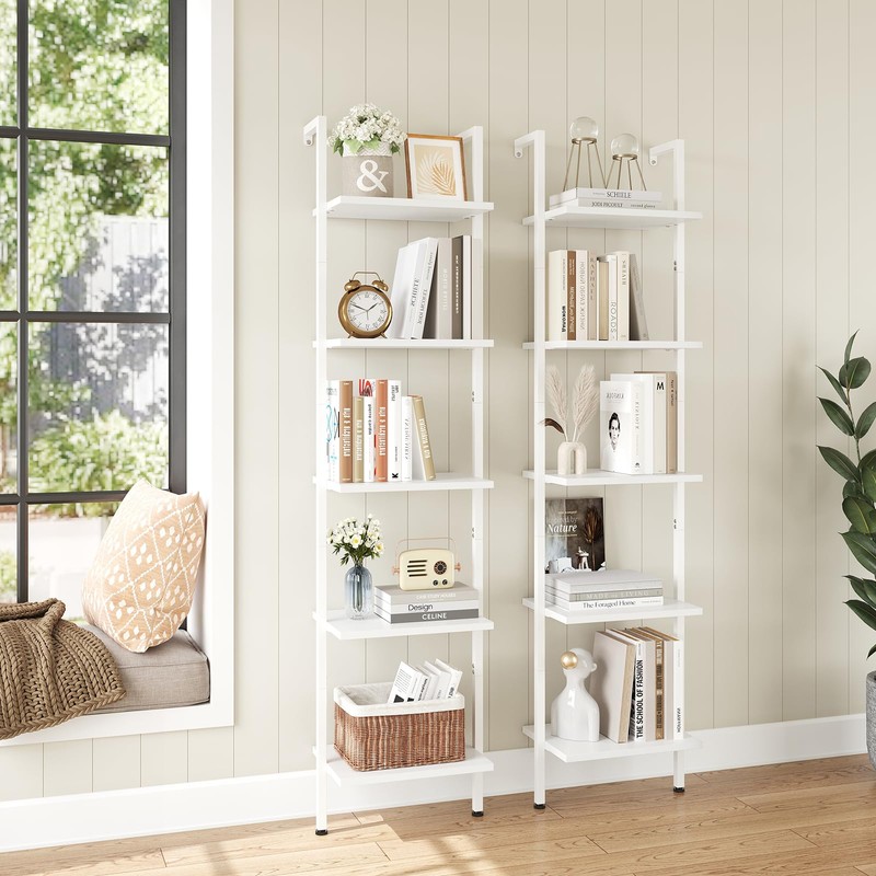 ELYKEN Ladder Shelf, White 5-Tier Wood Wall Mounted Bookshelf with