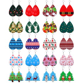 Leather Earrings for Women Christmas Xmas Earrings Teardrop Dangle Lightweight Faux Leather Earrings Holiday Earrings for Christmas New Year Party Decorations Supplies, Stainless Steel