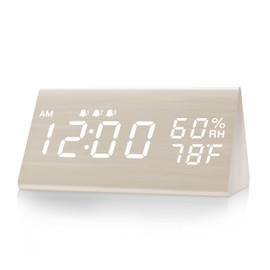 Digital Alarm Clock, with Wooden Electronic LED Time Display, 3 Alarm Settings, Humidity & Temperature Detect, Wood Made Electric Clocks for Bedroom, Bedside (White)