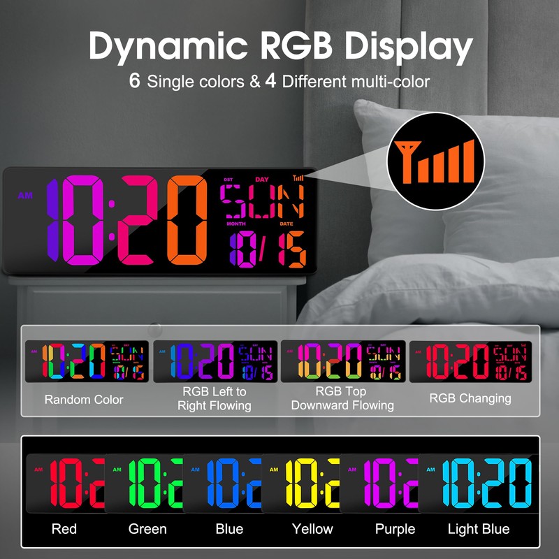 XREXS Large Digital Wall Clock Bluetooth Sync, 17.2" RGB Color